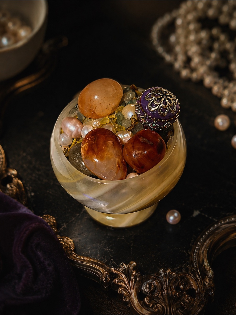 Onyx Pedestal Bowl with Mixed Gemstones | Witchy Bundle | Fall | Halloween